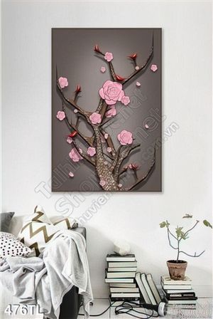Tranh lụa 3D hoa đào trang trí phòng khách