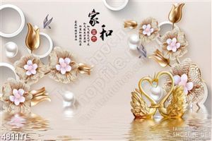 Tranh lụa hoa ngọc trai thiên nga vàng