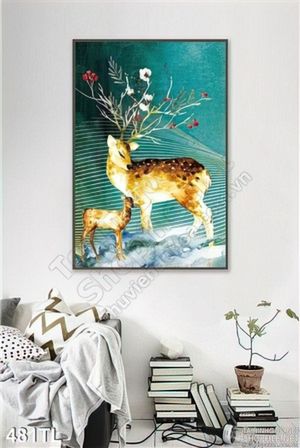 Tranh lụa 3D hươu nai trang trí phòng khách