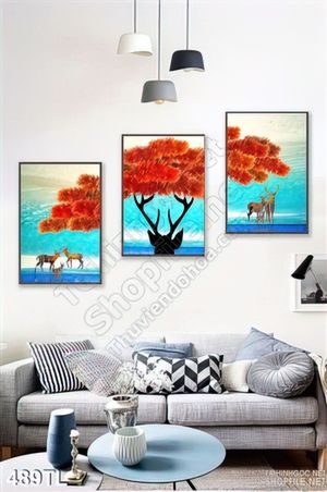 Tranh lụa 3D hươu nai và cây treo tường