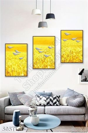 Tranh lụa 3D cánh đồng vàng trang trí phòng