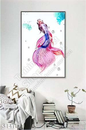 Tranh lụa 3D màu nước cá trang trí phòng khách