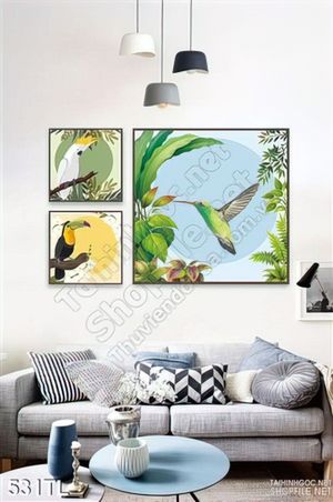 Tranh lụa 3D chim và hoa lá trang trí đẹp