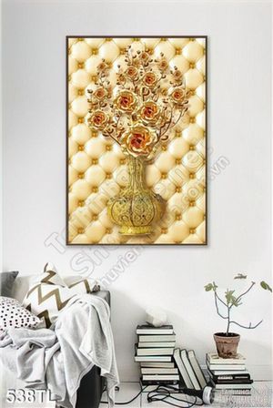 Tranh lụa 3D bình hoa hồng đẹp trang trí