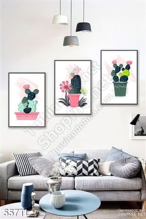 Tranh lụa 3D chậu xương rồng treo tường phòng khách