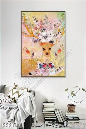 Tranh lụa 3D hươu nai nghệ thuật