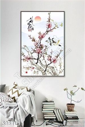 Tranh lụa 3D hoa đào thư pháp đẹp