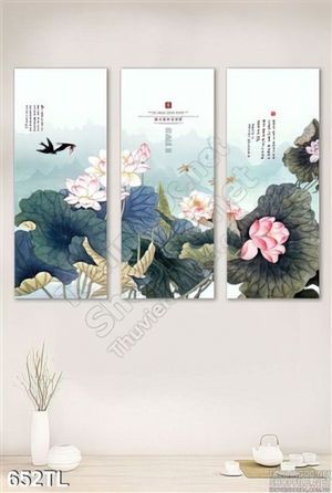 Tranh lụa 3D hoa Sen thư pháp đẹp