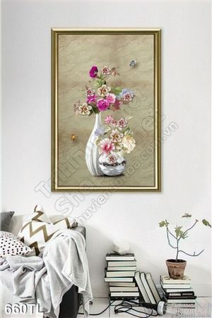 Tranh lụa 3D bình hoa hồng chất lượng cao