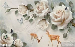 Tranh lụa 3D hoa hồng và hươu nai