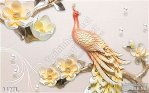 Tranh lụa 3D chim công và hoa mai đẹp
