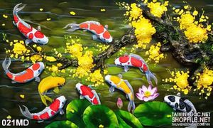 Tranh cành mai vàng bên đàn cá koi in canvas