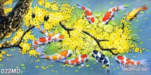 Tranh cành mai tết trên mặt hồ đầy cá koi