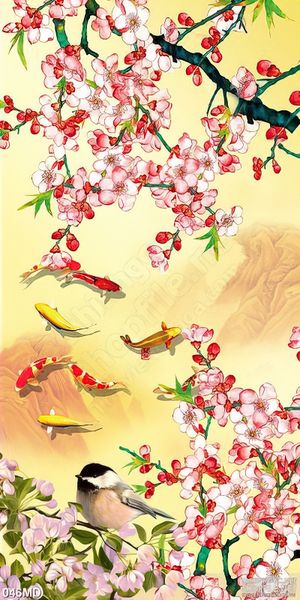 Tranh cành đào tết bên sườn núi