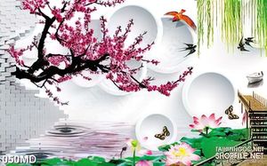 Tranh 3d cành đào hồng trên hồ khoe sắc