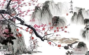 Tranh 3d cành hoa đào khoe sắc bên ngọn núi