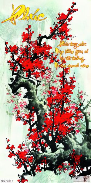 Tranh in uv cành hoa đào bên chữ phúc