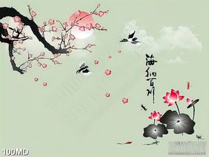 Tranh cành đào nở rộ trên hồ sen in uv