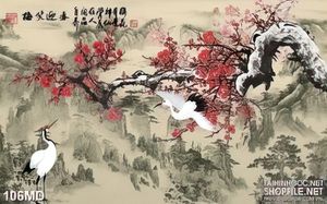 Tranh 3d đàn chim hạc trên cành hoa đào