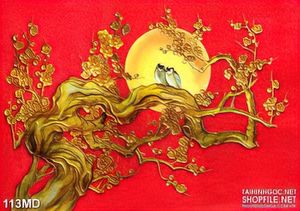 Tranh in uv cành mai vàng bên ánh trăng tròn