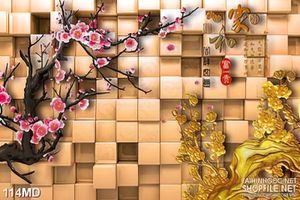 Tranh 3d cành đào thắm trên bức tường ô vuông