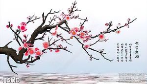 Tranh cành đào psd nghệ thuật trên mặt hồ