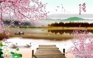 Tranh cành đào khoe sắc trên cây cầu in canvas