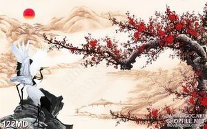 Tranh 3d cành đào khoe sắc đỏ bên chim hạc