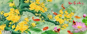 Tranh cành mai vàng nở rộ bên hồ cá koi in uv