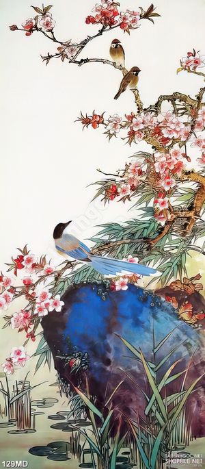 Tranh in uv chú chim trên cành đào khoe sắc hồng