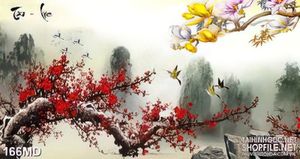 Tranh psd những cành đào già đỏ rực trên đỉnh núi