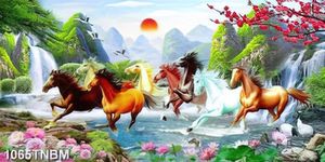 Tranh đàn ngựa bên cành đào đỏ và hoa sen in kính
