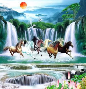 Tranh thác nước hùng vĩ và đàn ngựa in kính