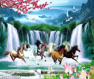 Tranh bát mã bên thác nước in kính