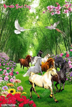 Tranh đàn ngựa và chim trong rừng tre in kính