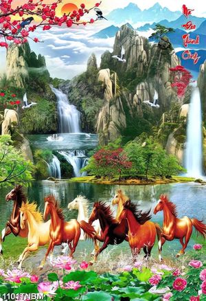 Tranh sơn thủy mùa xuân cành đào đỏ và bát mã đẹp