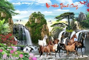 Tranh sơn thủy chim hạc và hoa sen bên đàn ngựa