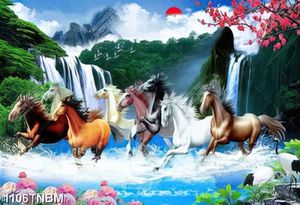 Tranh phong cảnh chim hạc bên thác nước và đàn ngựa gắn tường
