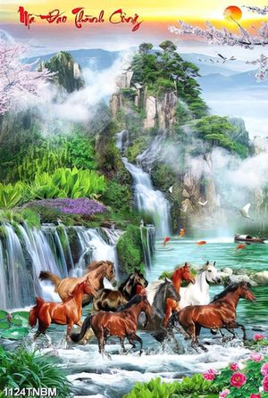 Tranh phong cảnh hữu tình và đàn ngựa in uv
