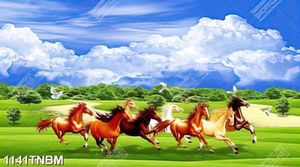 Tranh đàn ngựa trên thảo nguyên xanh