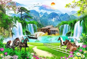 Tranh tranh sơn thủy người lái đò và đàn ngựa bên thác nước