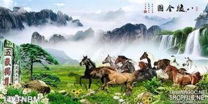 Tranh Bát Mã Psd thác nước phong thủy