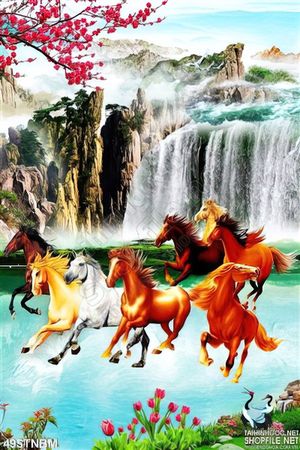 Tranh Bát Mã và thác nước phong thủy