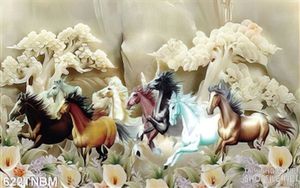 Tranh 8 con ngựa trên nền đá phong thủy