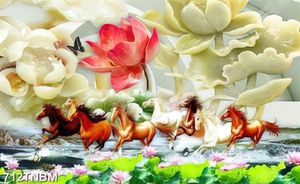 Tranh bát mã bên hoa sen giả ngọc chất lượng cao