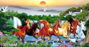 Tranh bát mã bên thác nước chất lượng cao in kính