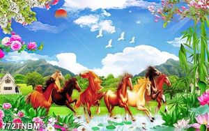 Tranh trang trí tường bát mã bên núi đồi