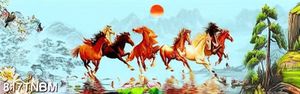 Tranh trang trí nội thất bát mã và cá chép trên mặt nước chất lượng cao