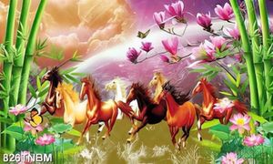 Tranh decor bát mã bên hoa mộc lan đẹp in uv