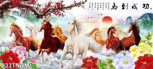 Tranh sơn dầu cành đào đỏ và bát mã in uv